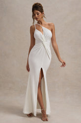 White Strapless Asymmetric Twisted Maxi Dress